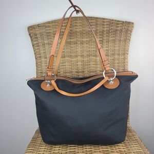 Lauren Ralph Lauren Black Nylon Shoulder Tote Bag Purse Brown Leather Trim